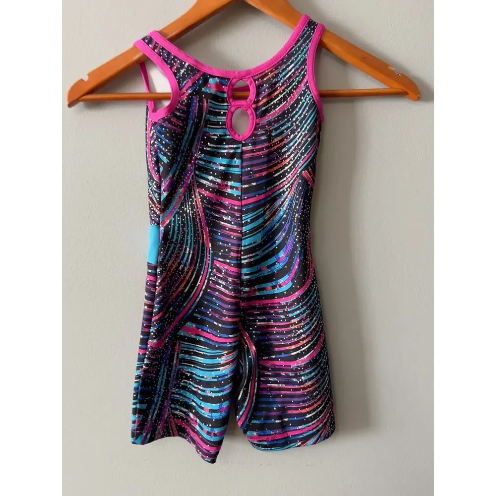 Capezio Future Star Girls XS Gymnastics Biketard Leotard Sparkle Pink Blue